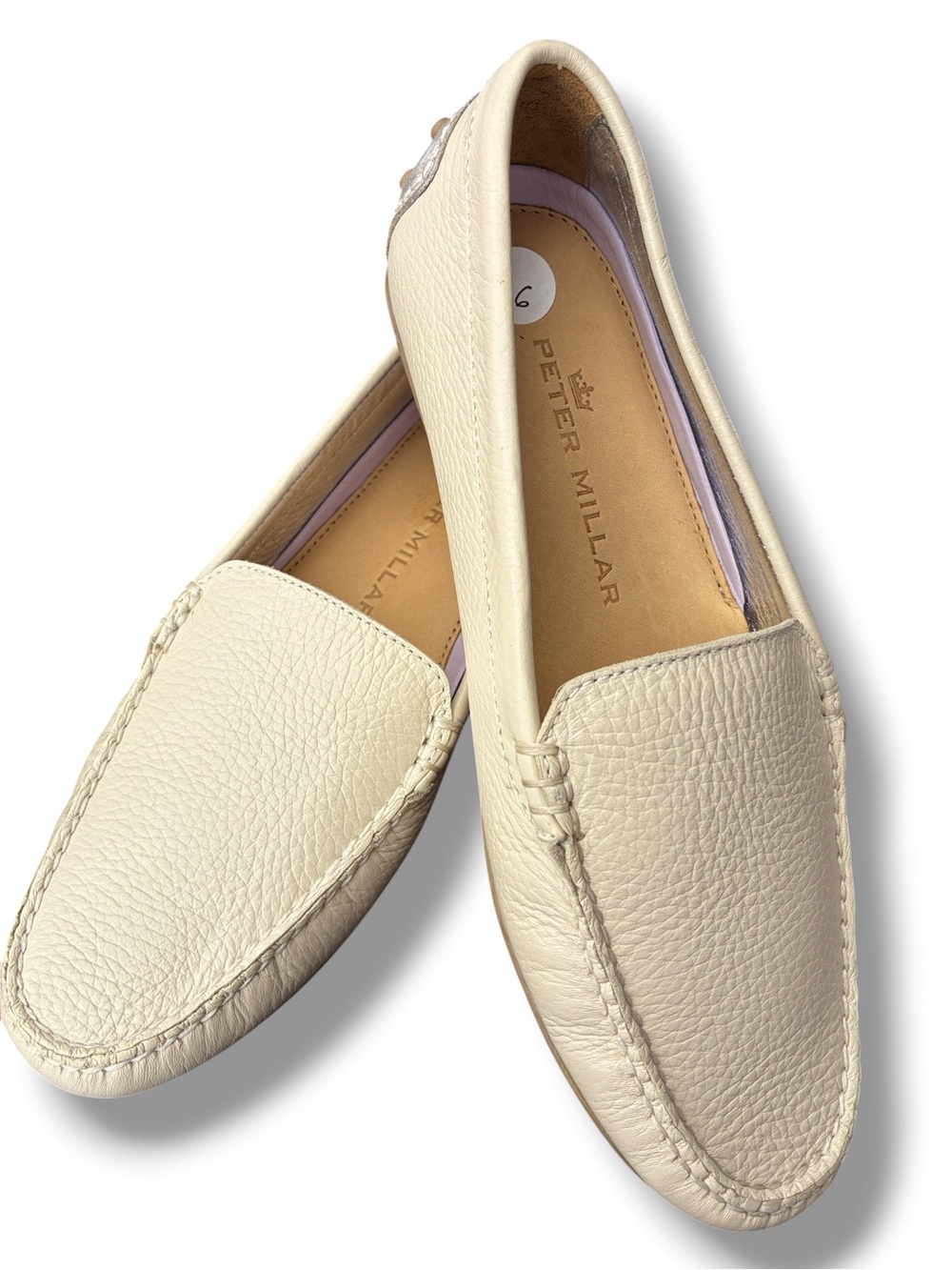 Peter Millar cream/ silver pebbled leather driving moccasins. New. Sz 6 - Picture 8 of 15